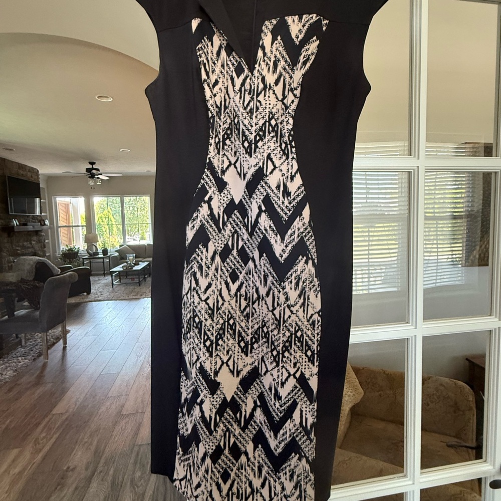 Connected Apparel Black and Cream Midi Dress